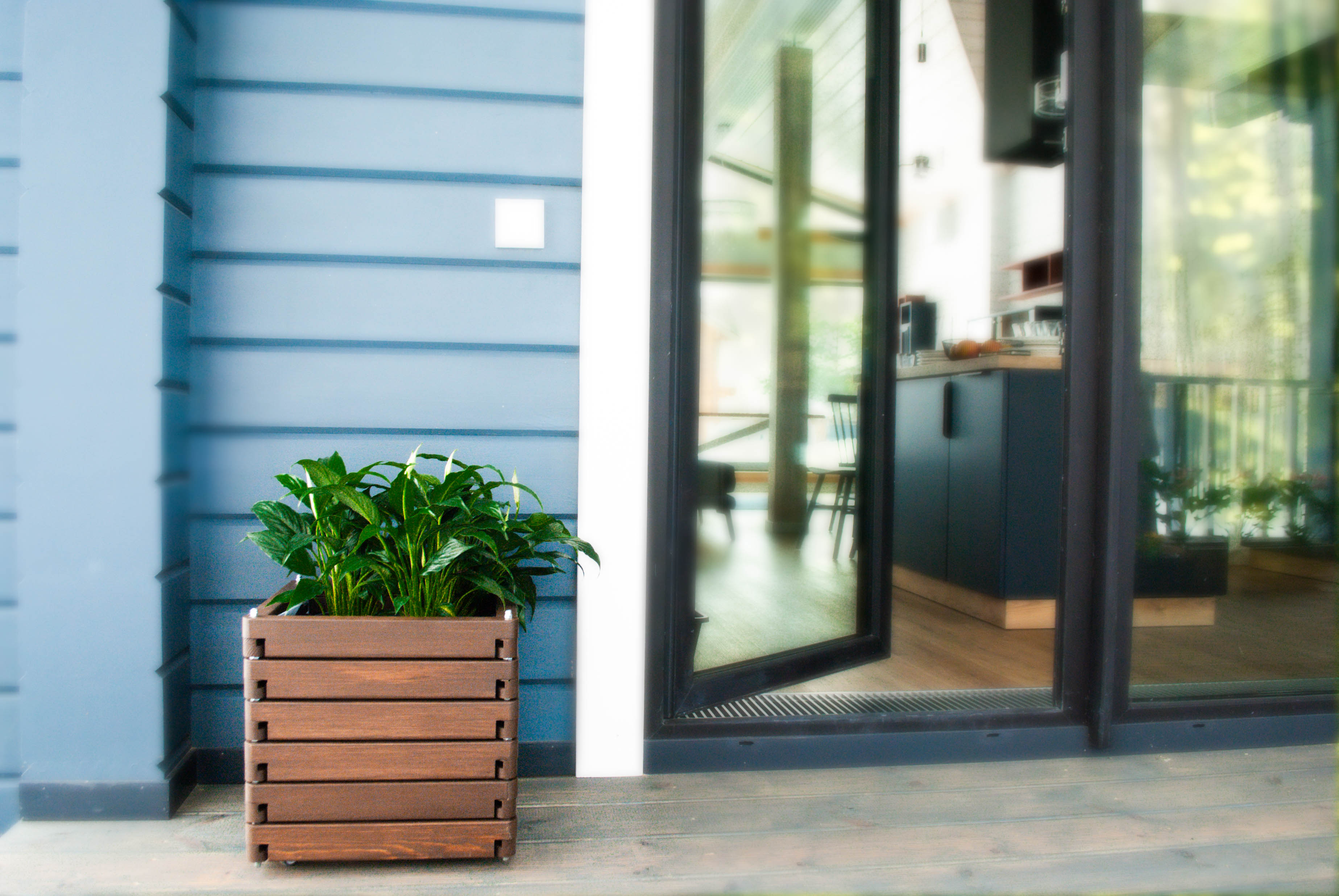 Деревянное кашпо Волома в современном интерьере — у стеклянной двери, натуральное дерево